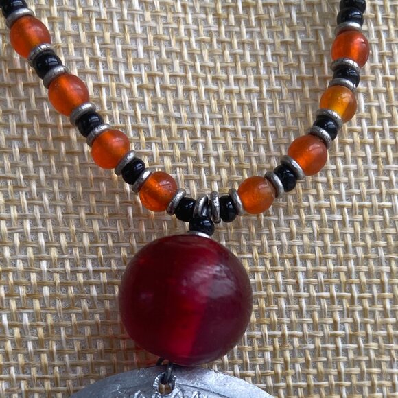 Black & Orange Beaded Necklace with Silver Medallion - Picture 3 of 5